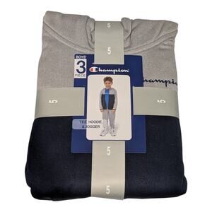 Champion Sweatsuit Boys 5 Gray Navy Blue 3 Piece Joggers Zip Up Hoodie Tshirt